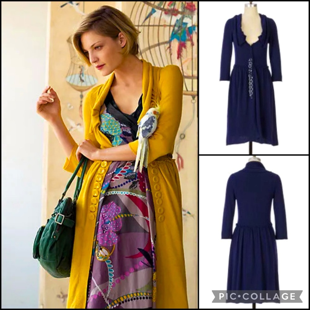 Anthro Moth Angora Wool Blend Navy Longline Cardigan Sweater Duster Jacket Coat